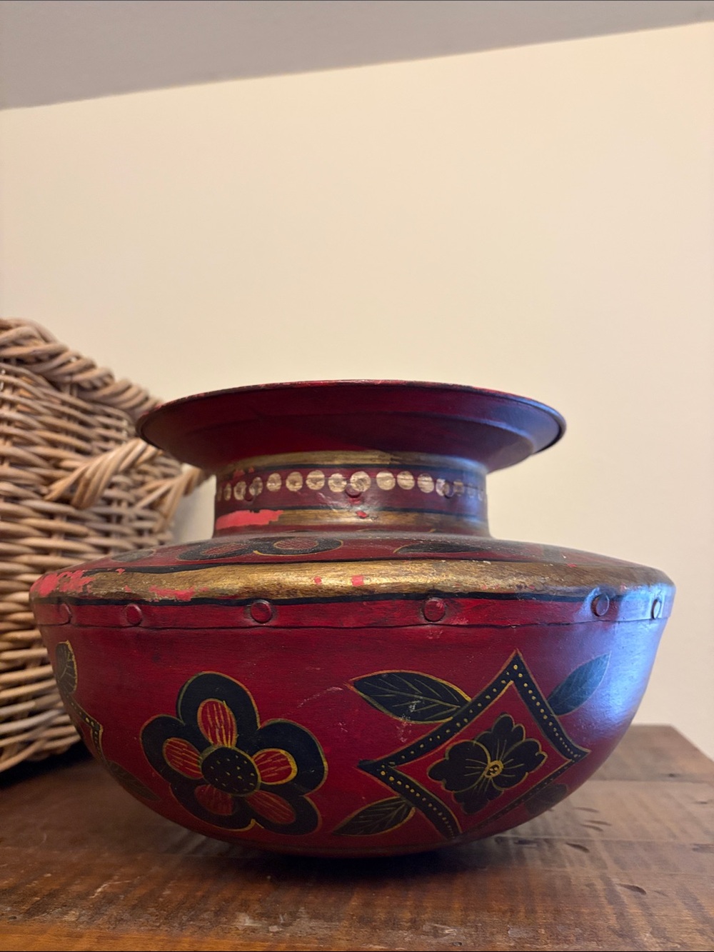 Large Red Hand-Painted BOHO Metal Planter